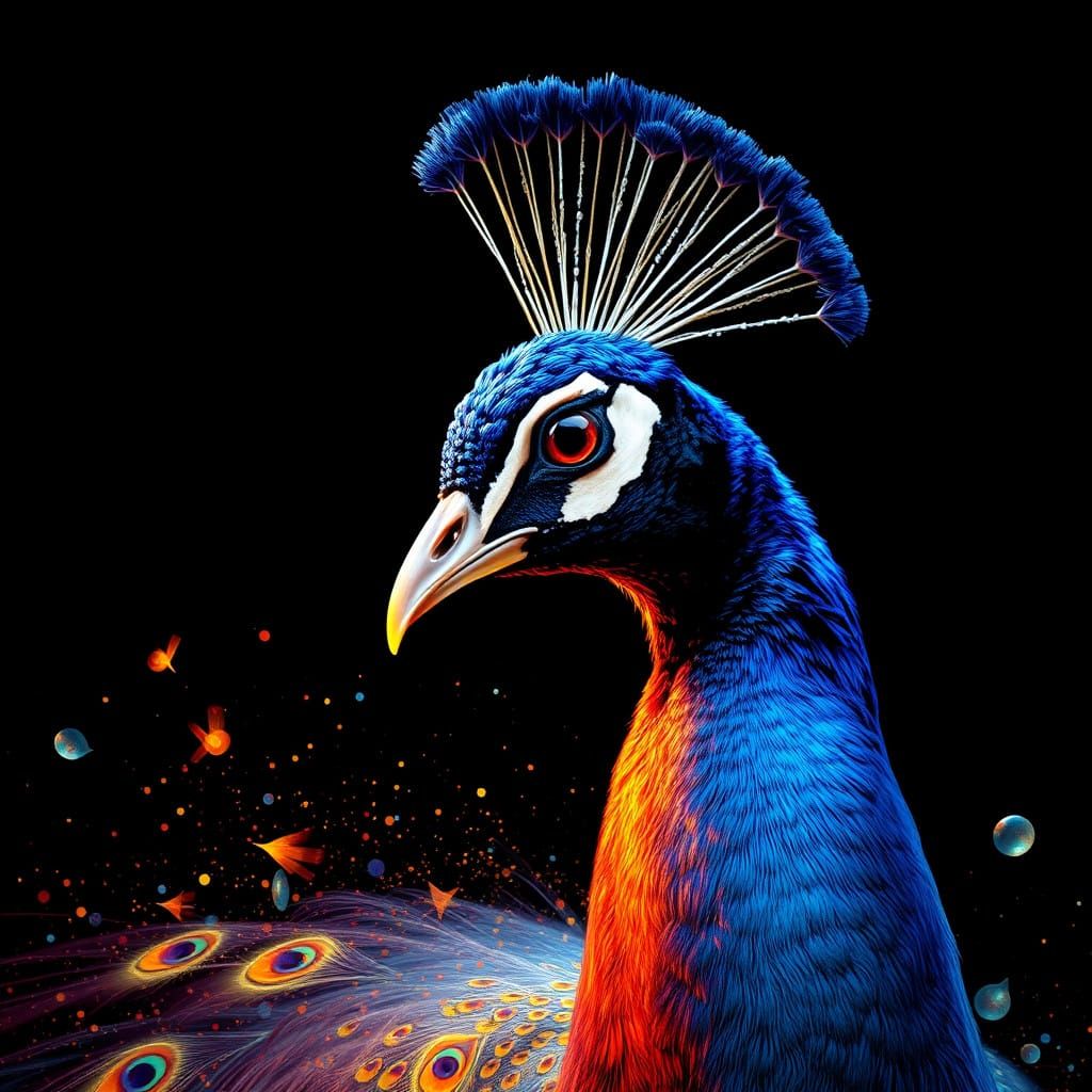 Vibrant Peacock Portrait in Hyperrealistic Style