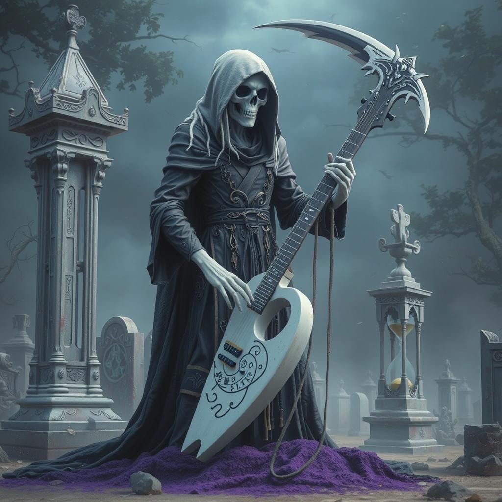 Grim Reaper with Scythe Guitar and Hourglass