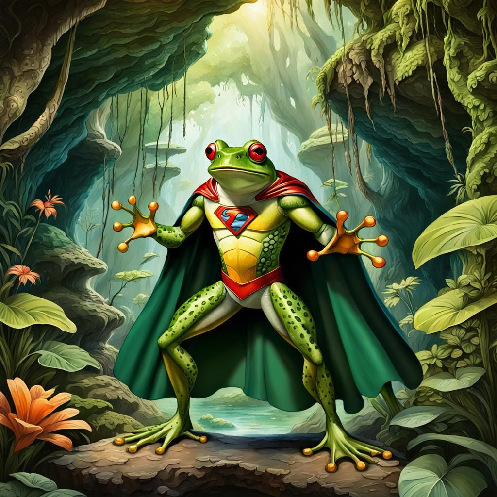 Frog Superhero in Jungle Cave, Animated Cartoon Style