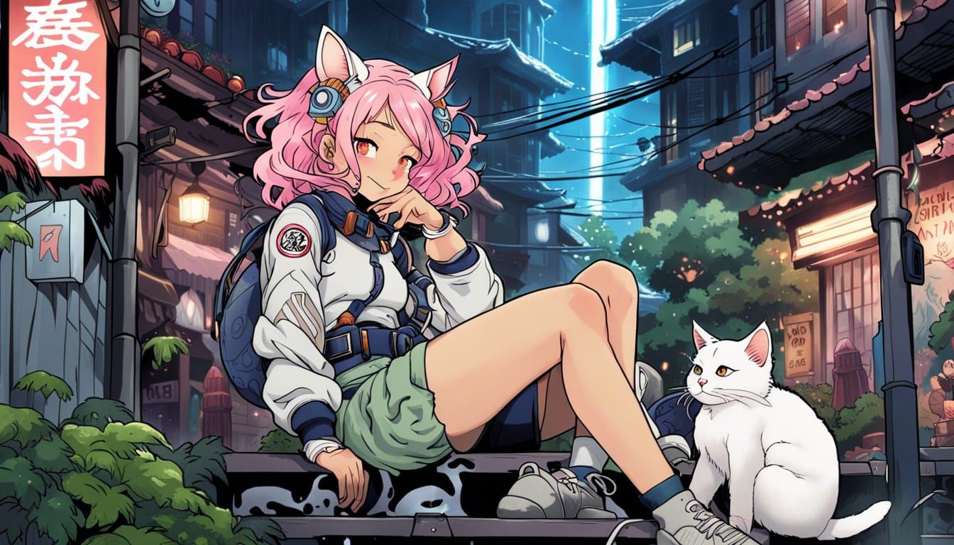 Cyberpunk Astronaut in Ukiyo-e Style Slums