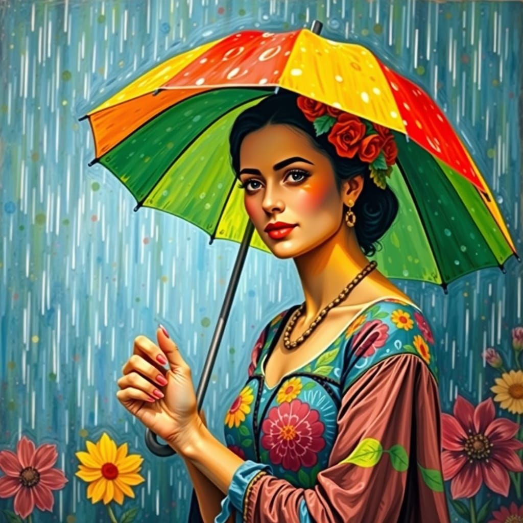 Woman Builds Rainy Day Fort, Impressionist Style