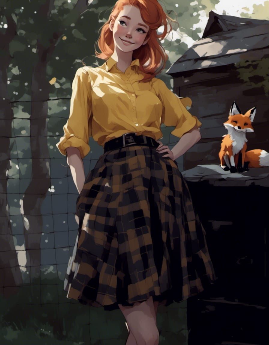Smiling Adorable Fox-girl VIXEN, wearing a yellow blouse, belt, and plaid skirt. (Of course, Jim the fox spirt there too...
