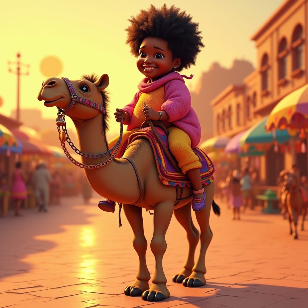 Joyful Fat Teen Rides Camel in Vibrant Desert Scene