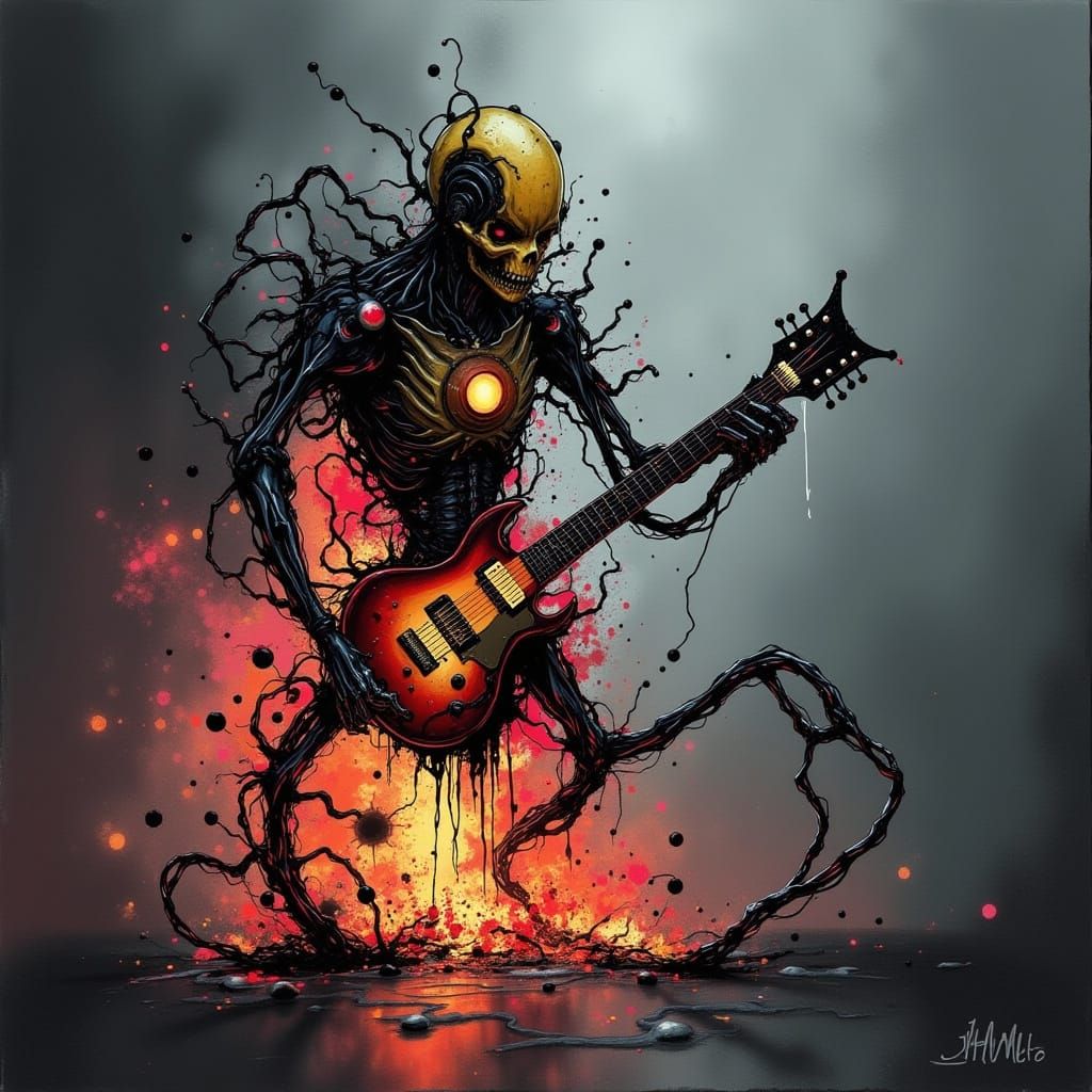 Robotic Rock Star Melts Guitar Amidst Cheering Drones