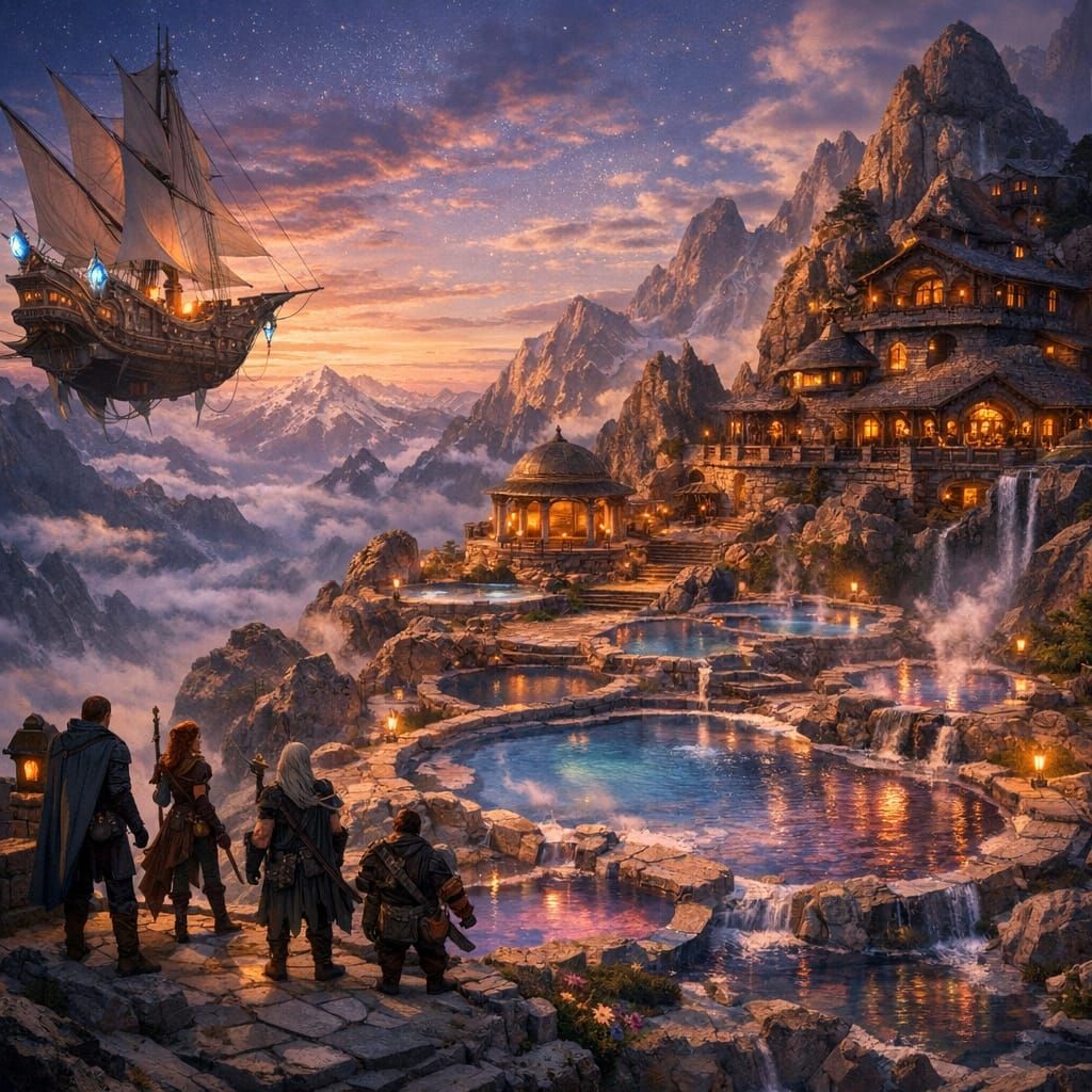Adventurers Arrive at Mountain Sanctuary by Skyship