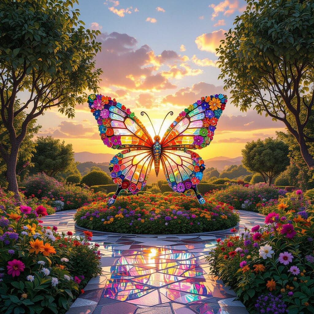 Butterfly Sculpture in Summer Garden, Whimsical Art