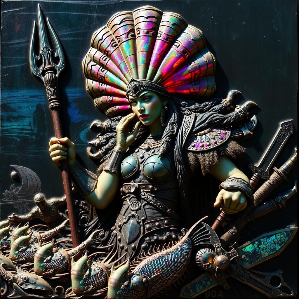 Boudica Leads Fish Men: Ammolite Relief Carving