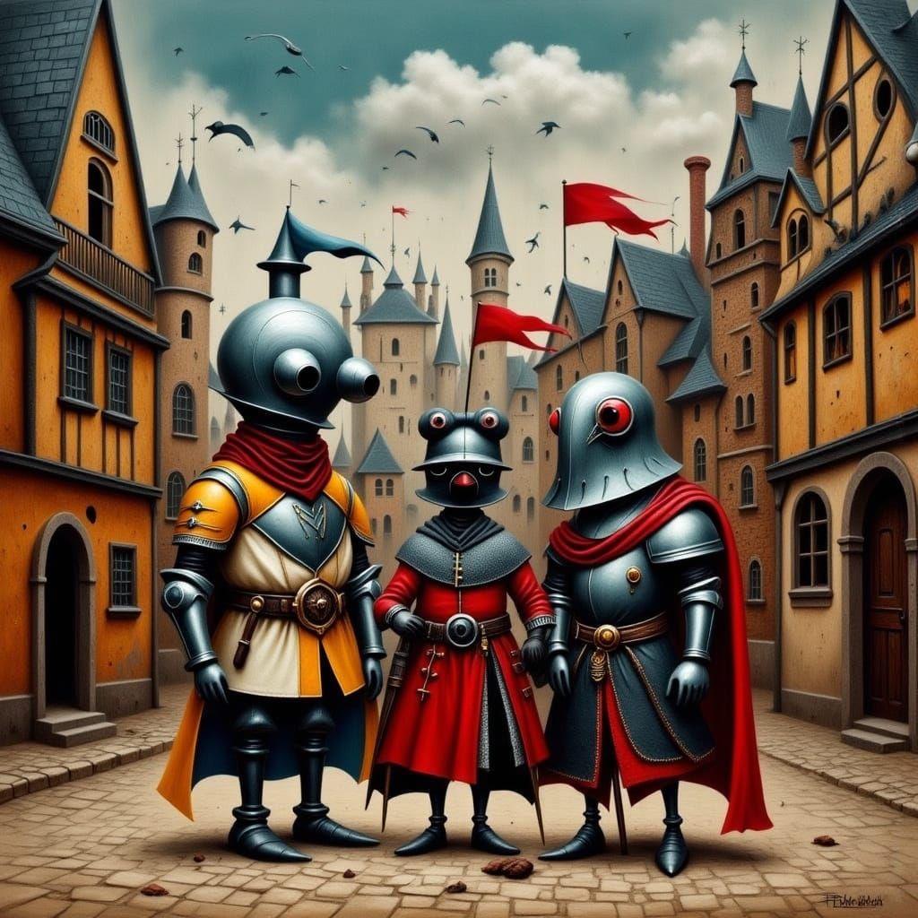 Cute Robots in Medieval City, Whimsical Style