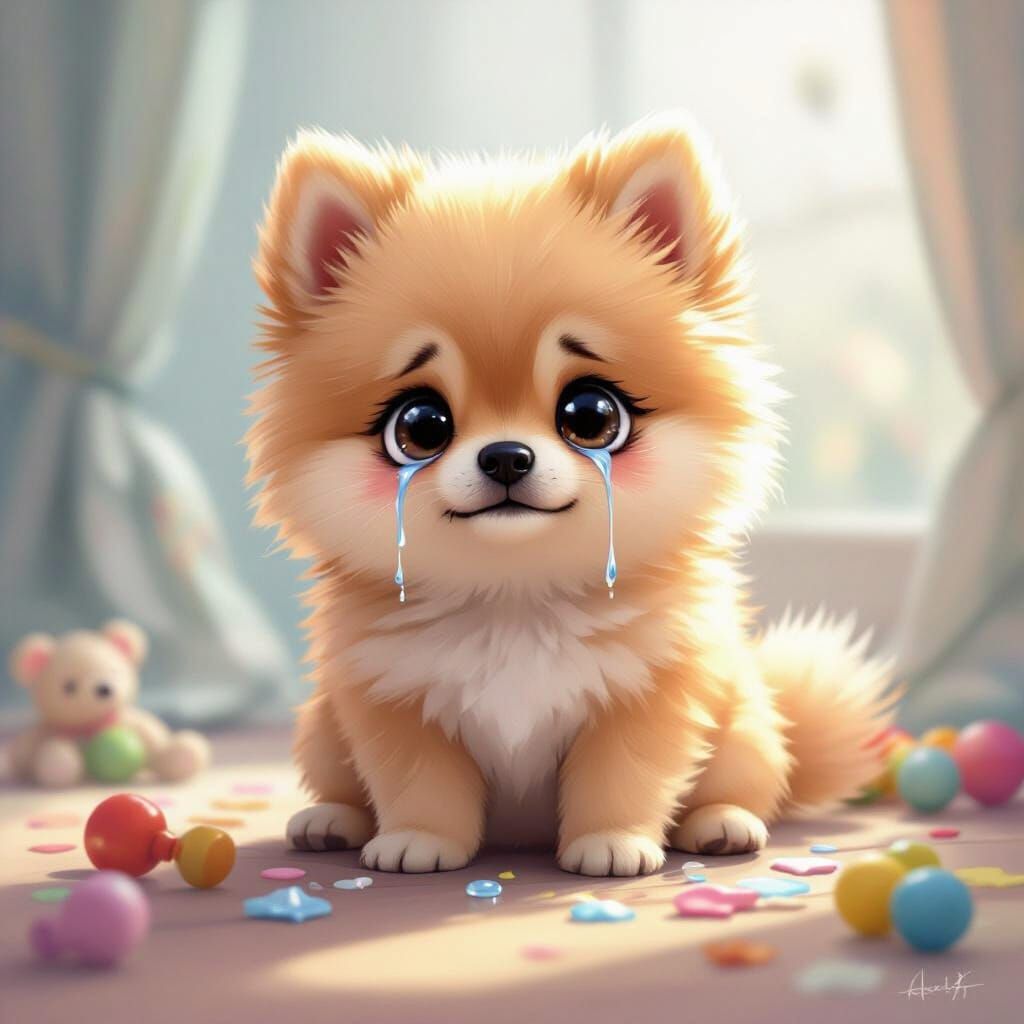 Sad Fluffy Pomeranian Puppy Tears Streaming