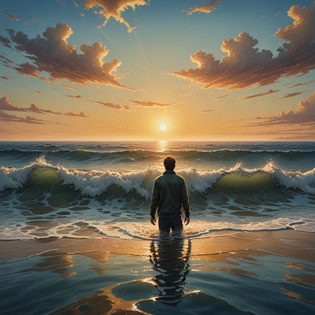 Surreal Person Disappearing into Ocean Sunrise