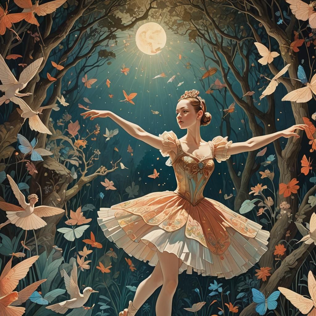 Ballerina, spotlight, 8K, art by Richard dadd, art by agnes lawrence pelton, cel shading, micro, art by Victto Ngai, mag...