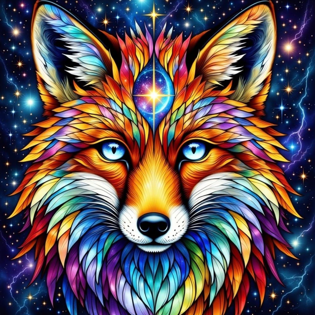 Mystical Fox in Cosmic Stained Glass