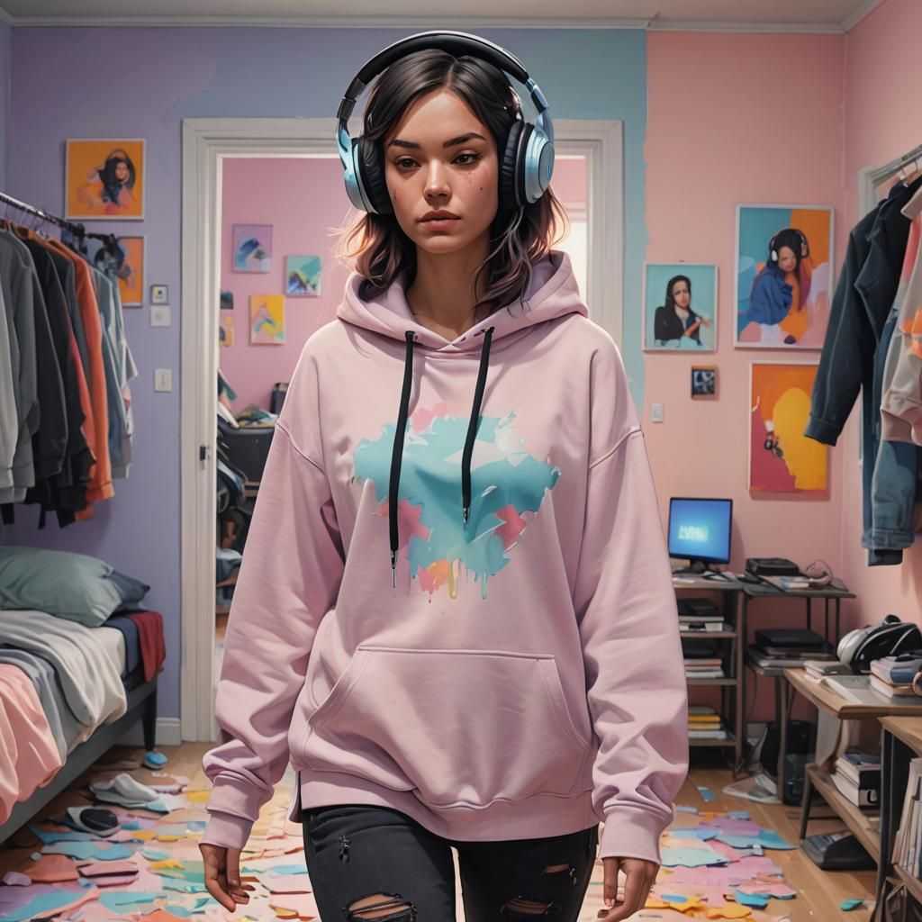 Girl in Pastel Bedroom: Hyperrealistic Concept Art