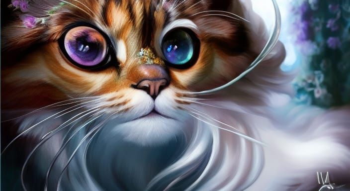 long shot of A fluffy ginger cat looking into a mirror seeing a majestic mane lion :: liquid ink by Anna Dittmann, Minja...