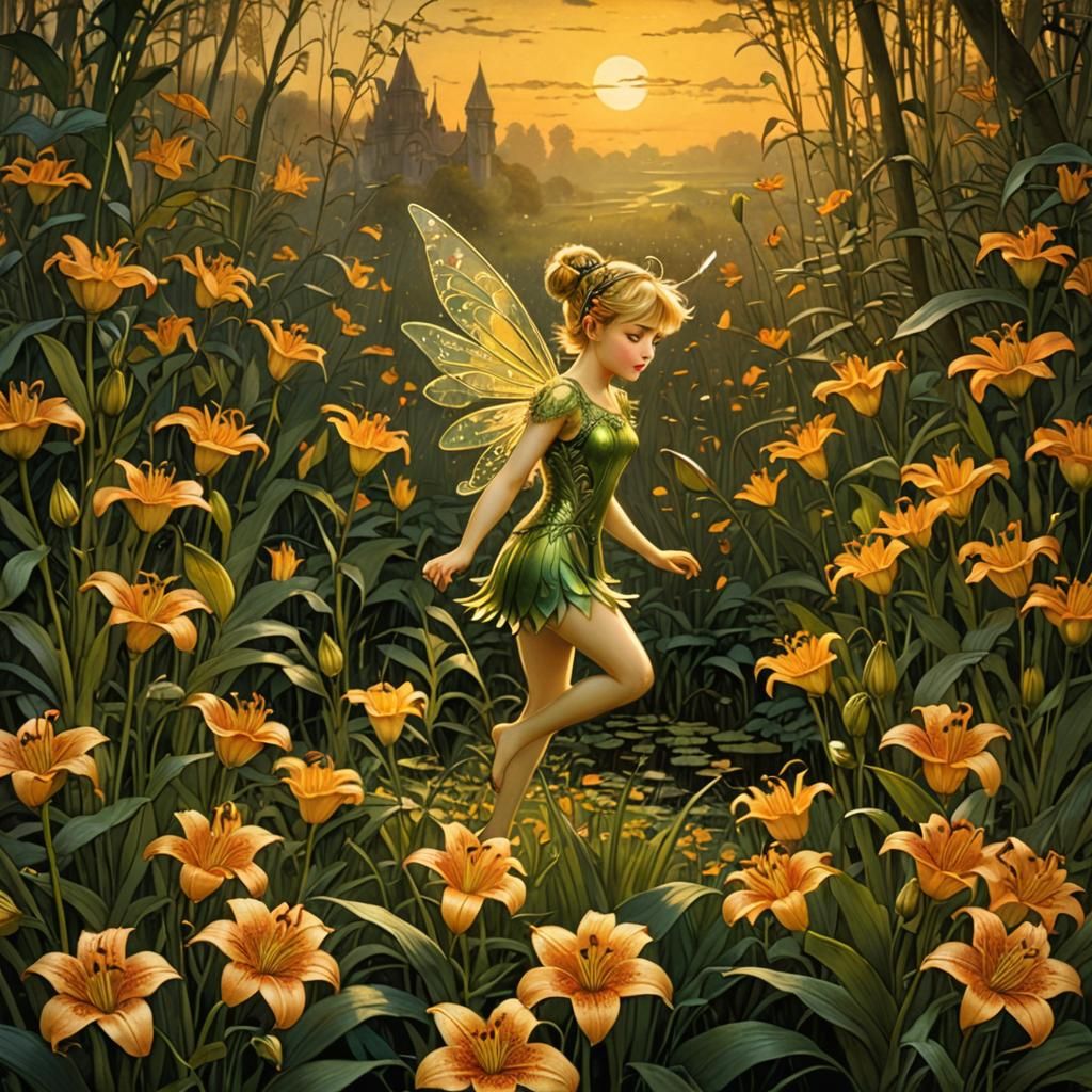 Tinkerbell in Tiger Lilies: Photorealistic Golden Hour