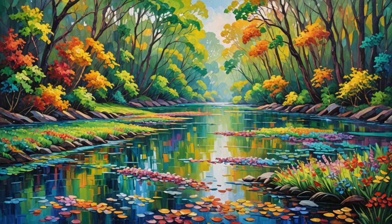 Colorful River as Expressionist Impasto Painting