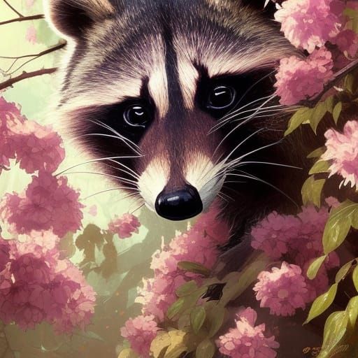 Raccoon in Blossom Garden: Hyperdetailed Fantasy Portrait