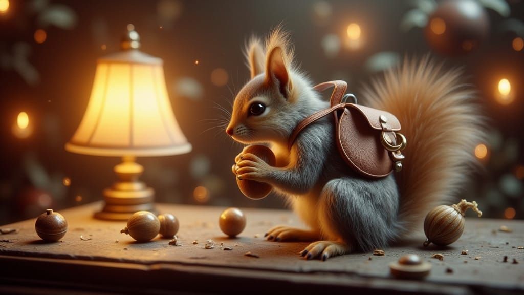 Cute Fluffy Squirrel with Acorn and Vintage Turntable