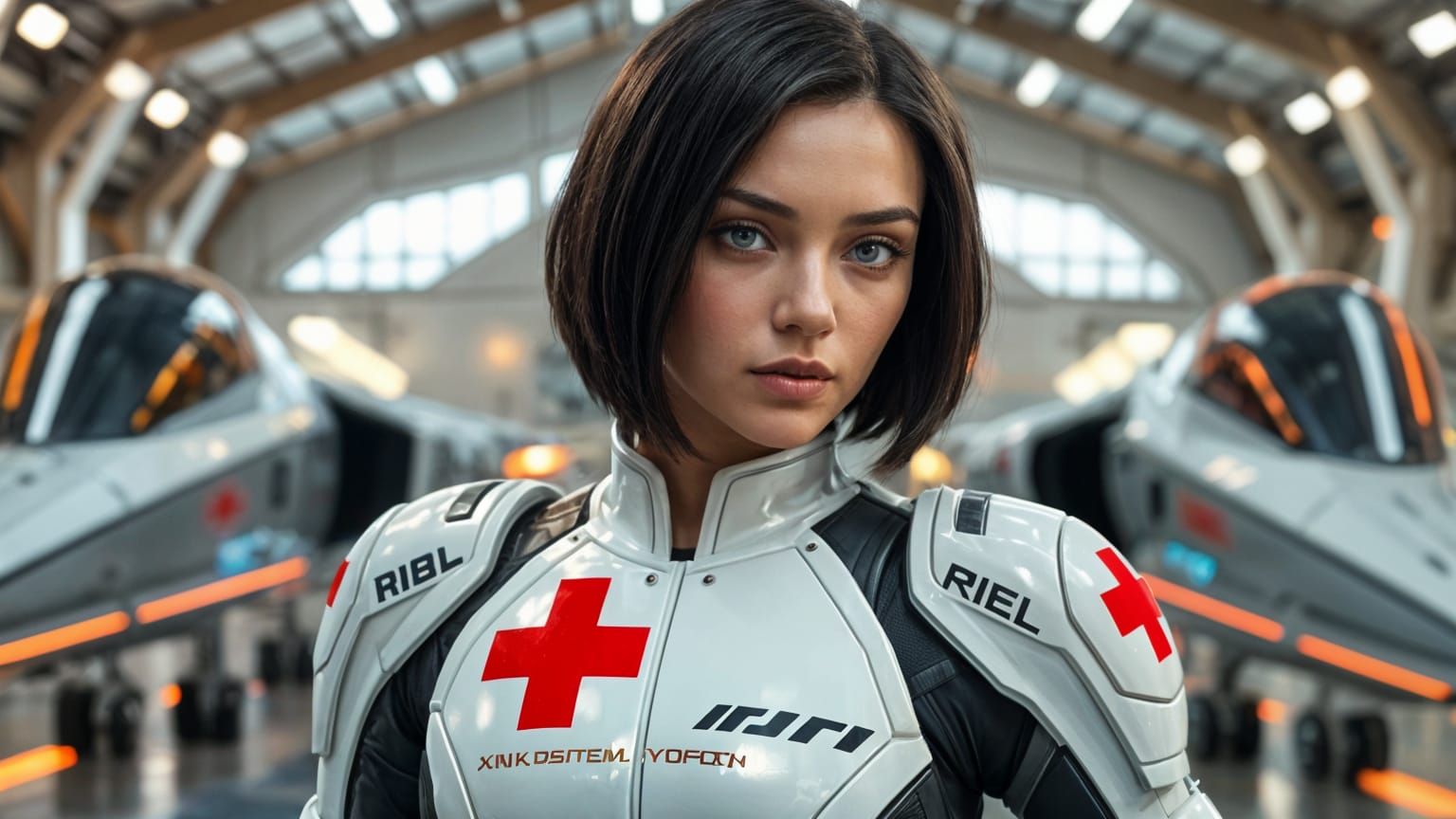 Futuristic Woman in Sci-Fi Hangar