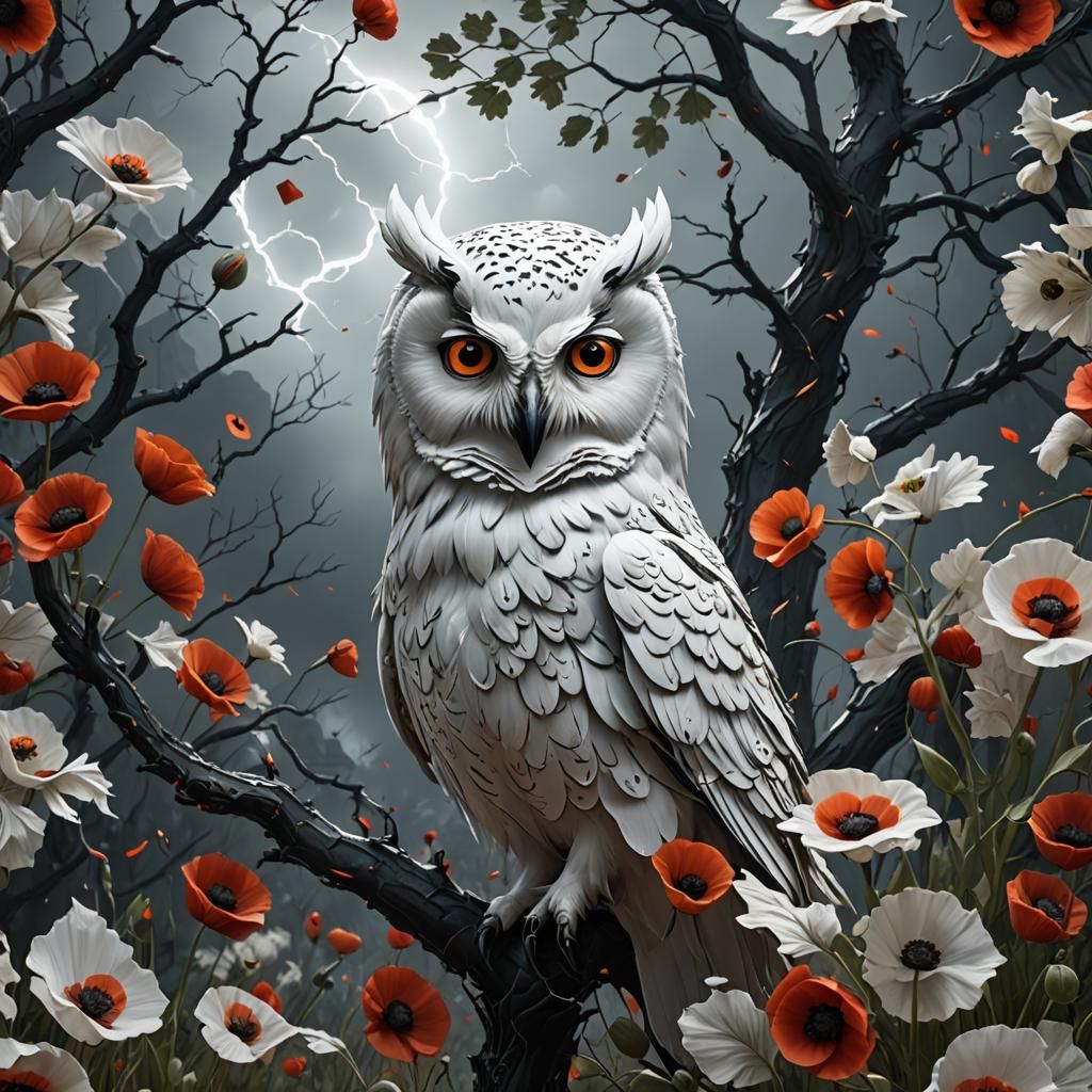 White Owl with Poppies in Fantasy Art