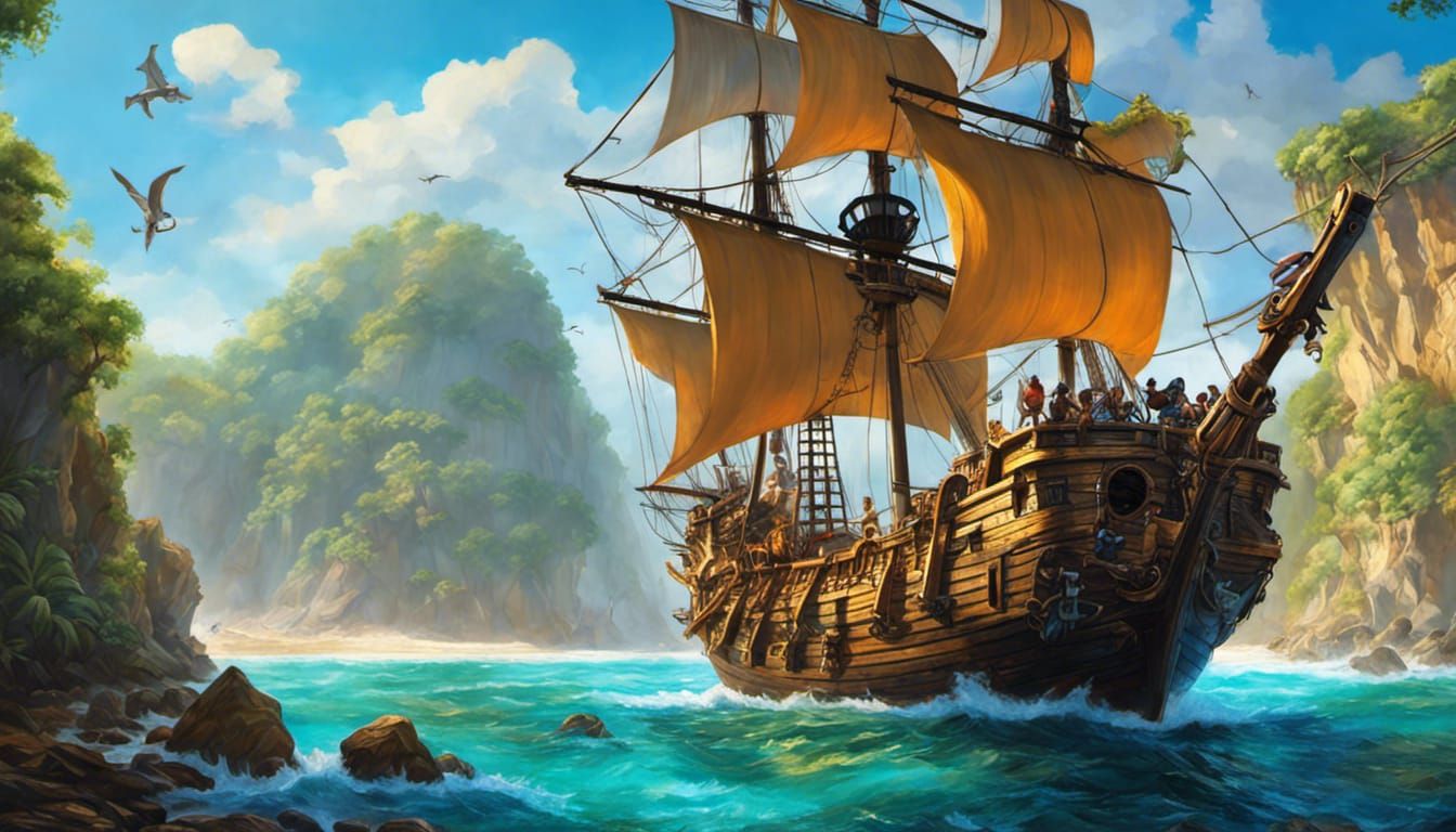 Pirate Cove with Treasure: Impressionist Gouache Style