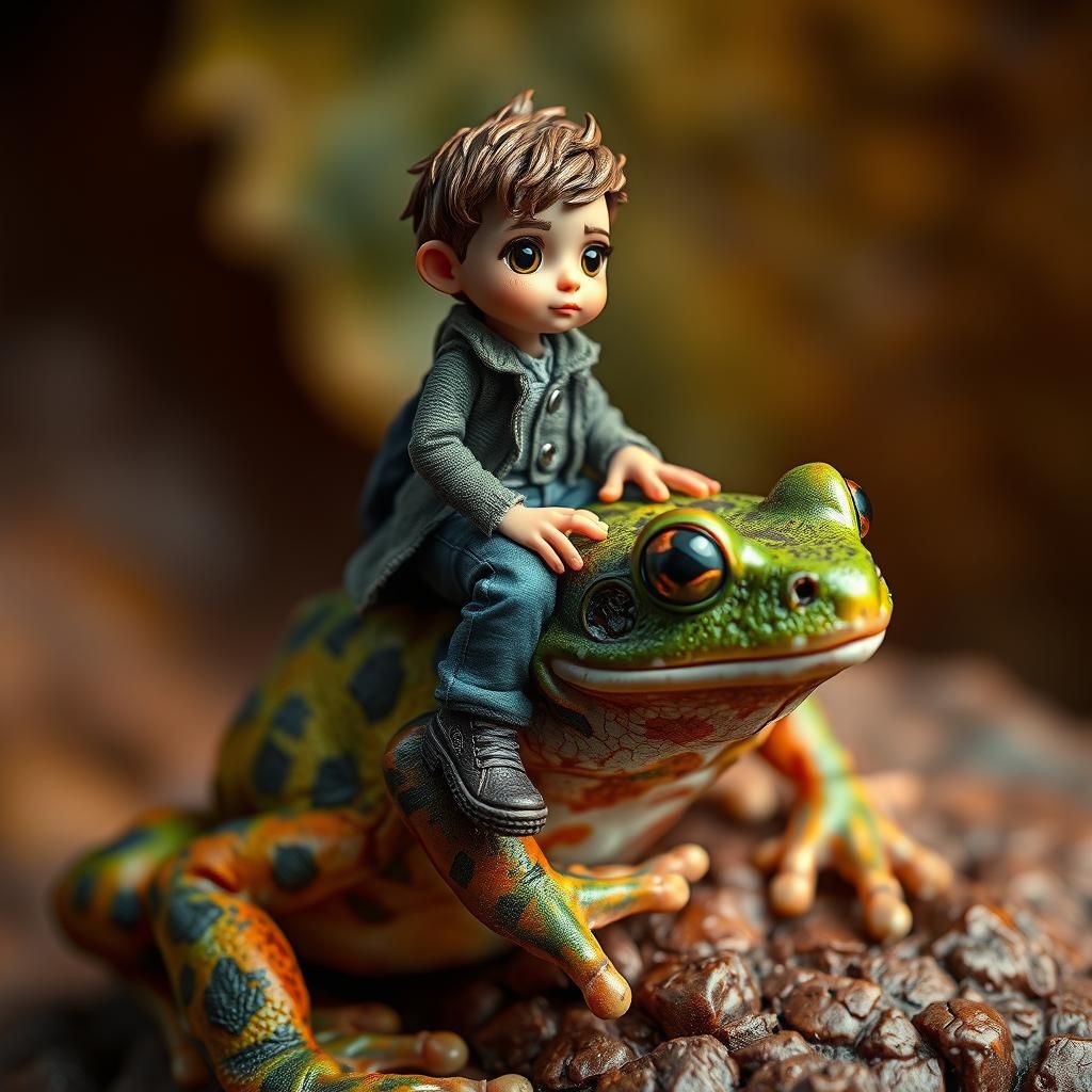 Miniature Person Rides Frog: Hyper-Realistic Art
