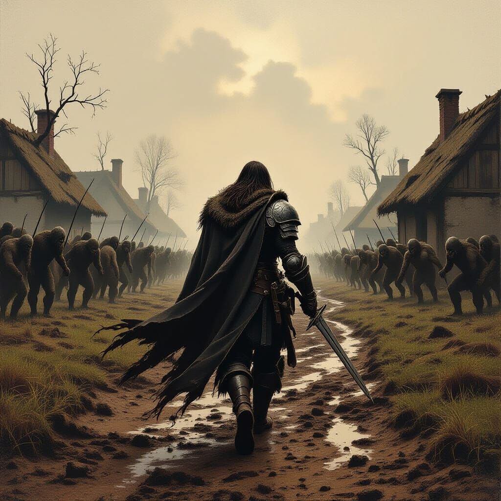 Armored Warrior Approaching Ravaged Village