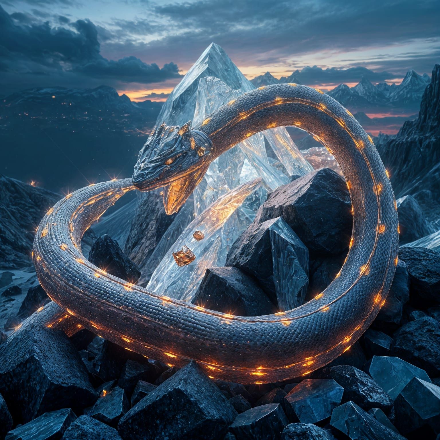 Glowing Crystal Snake Uncoils in Sunset Hues