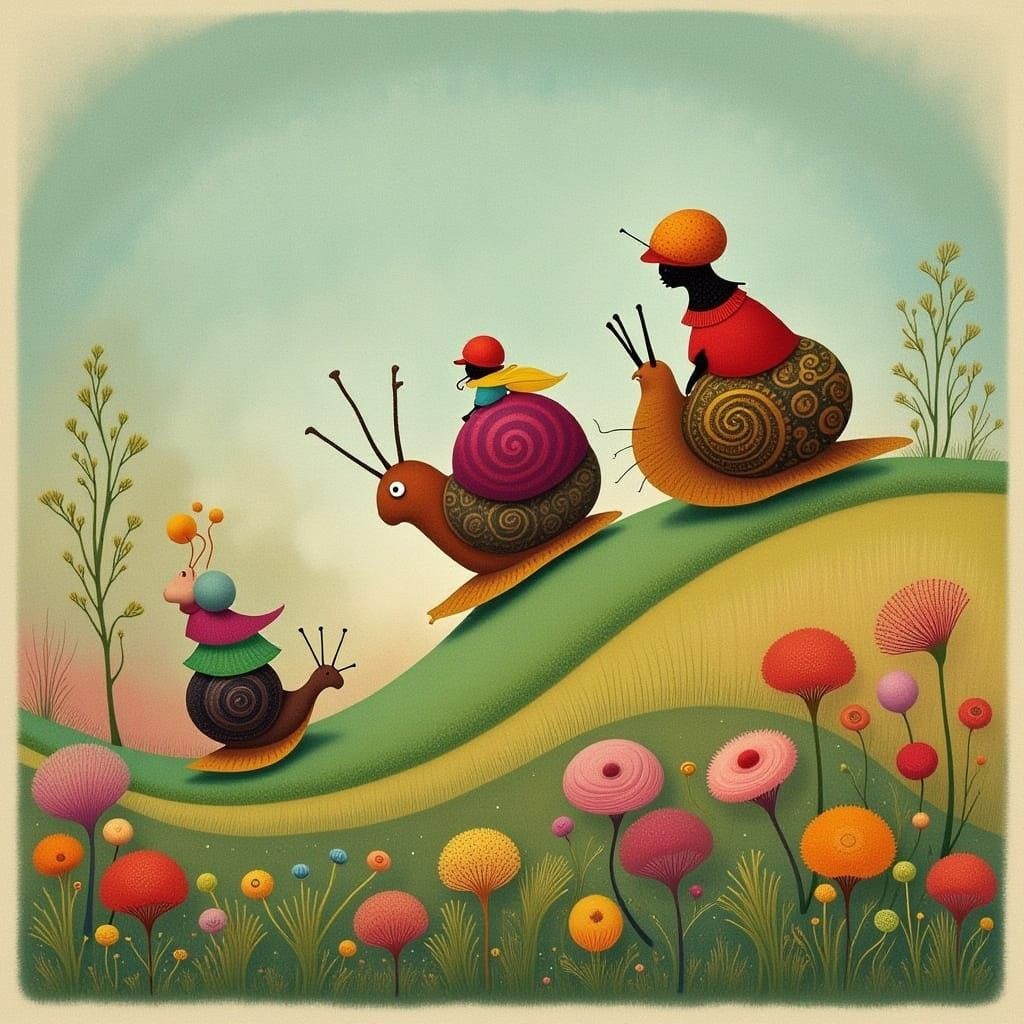 Racing Snails in Whimsical Garden Illustration