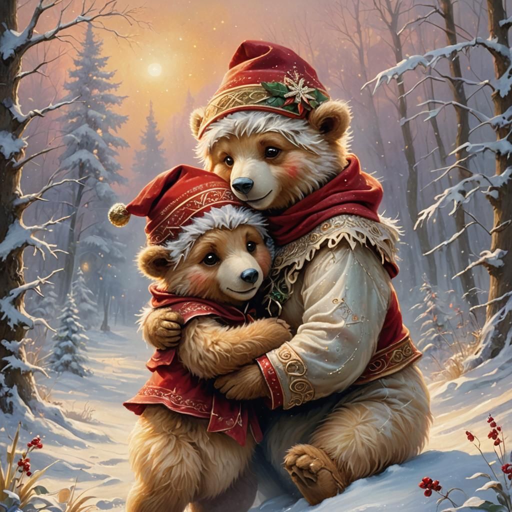 Teddy Bears Hugging in Winter Wonderland