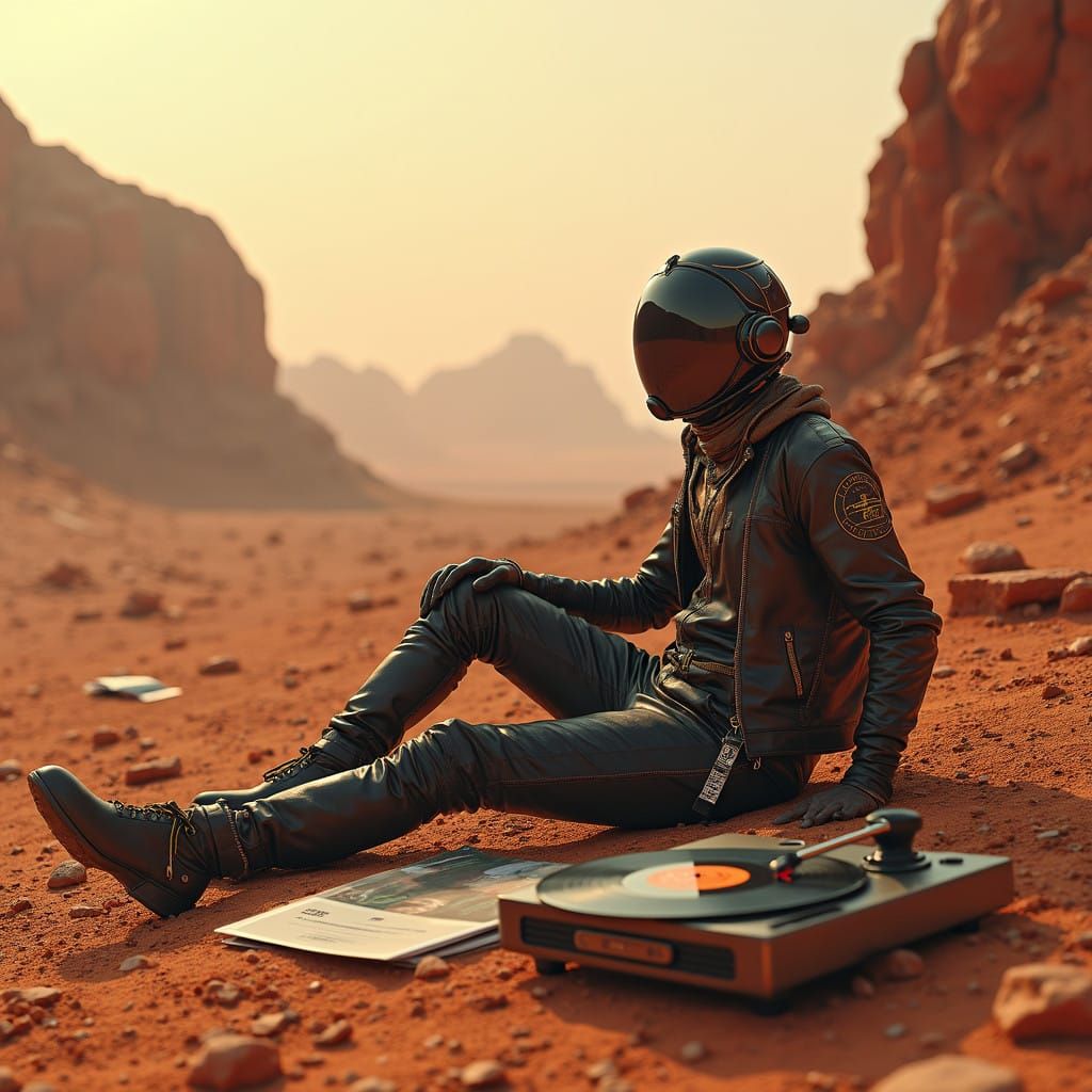 Retro-Futuristic Martian Music Session in Neon-Lit Style