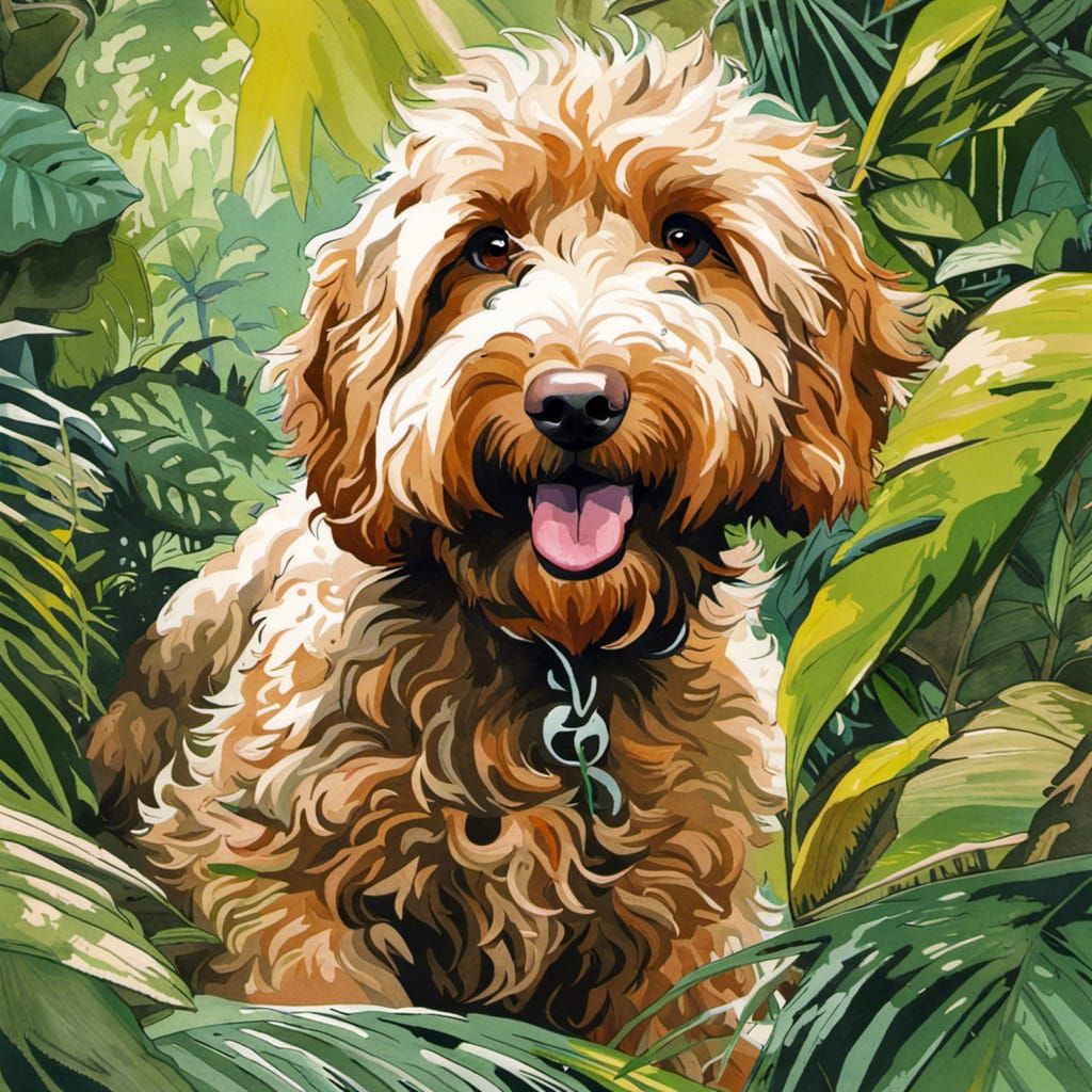 Apricot Labradoodle in Jungle, Watercolor Painting