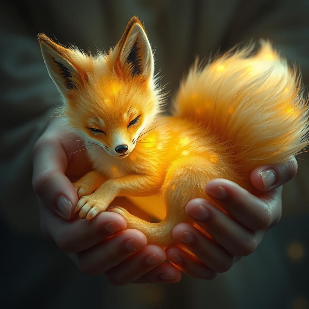 Golden Fox Cub Held in Gentle Hands