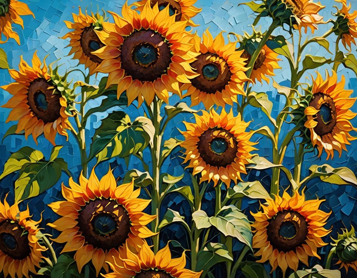 Sunflowers Reach for the Sky: An Impasto Painting