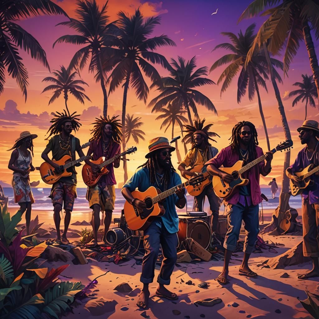 Reggae Musicians at Sunset: Vibrant Digital Art