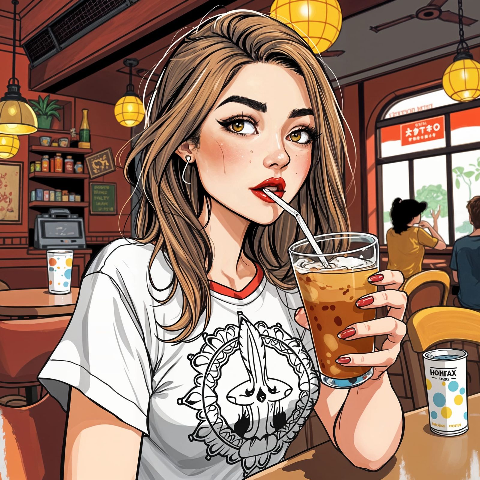 Woman Enjoying Drink in Cafe, Digital Illustration