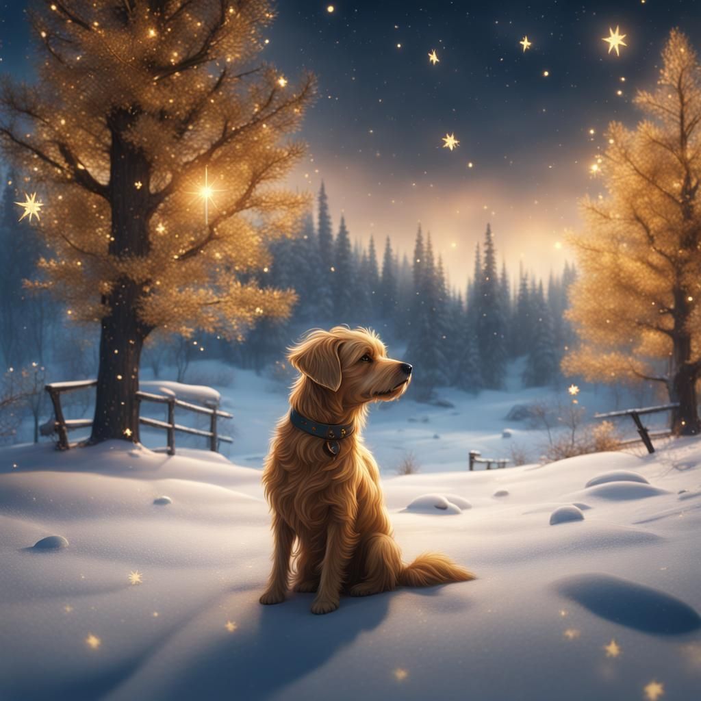 Winter Landscape with Golden Stars, Detailed Matte Painting