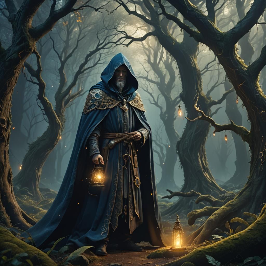 Mysterious Sorcerer in Mystical Forest, Digital Art