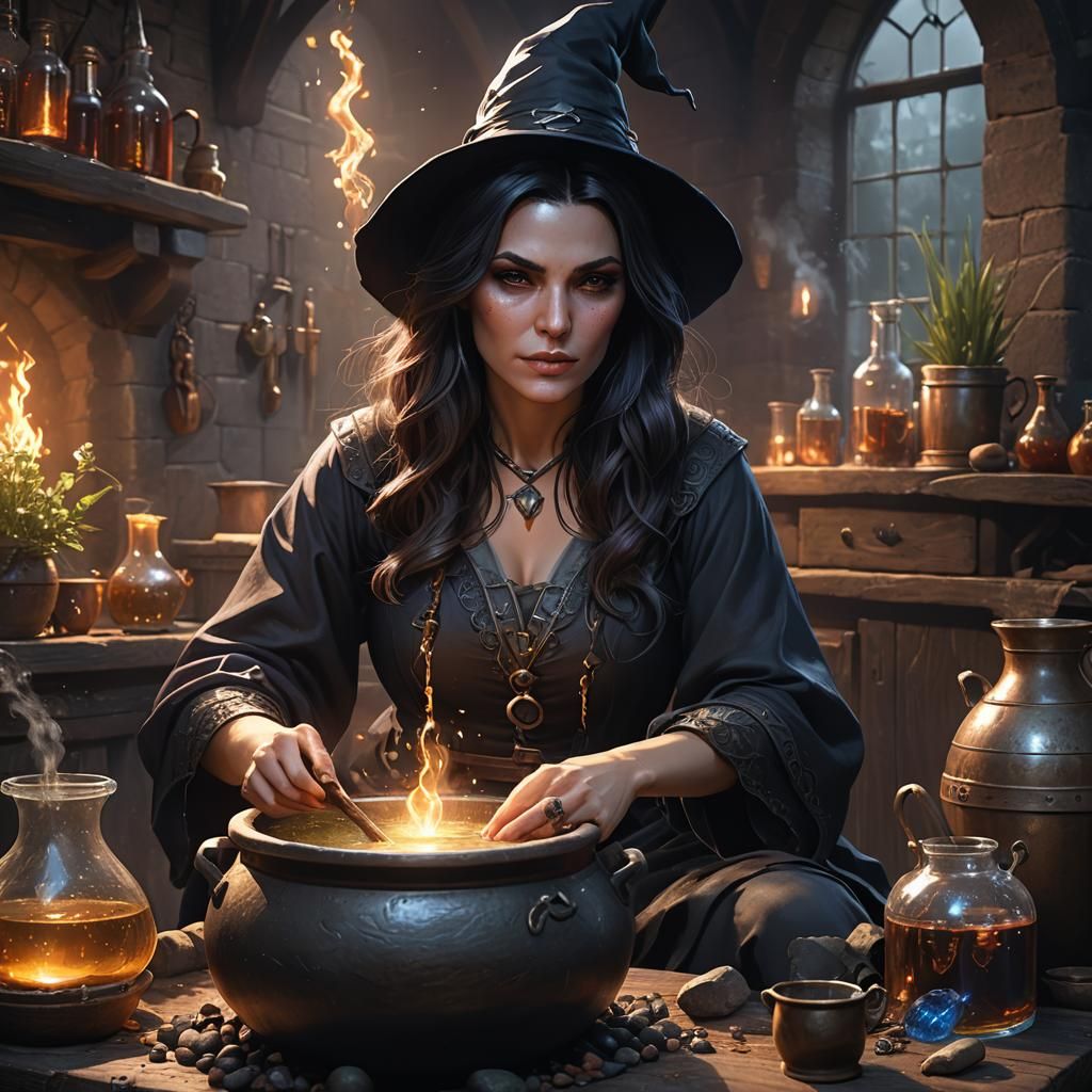 Young Witch Brews Potion in Hyperrealistic Fantasy Art