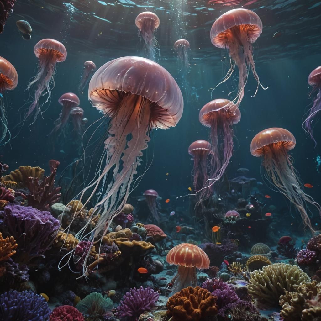 Giant Jellyfish in Coral Reef, Splash Art Style
