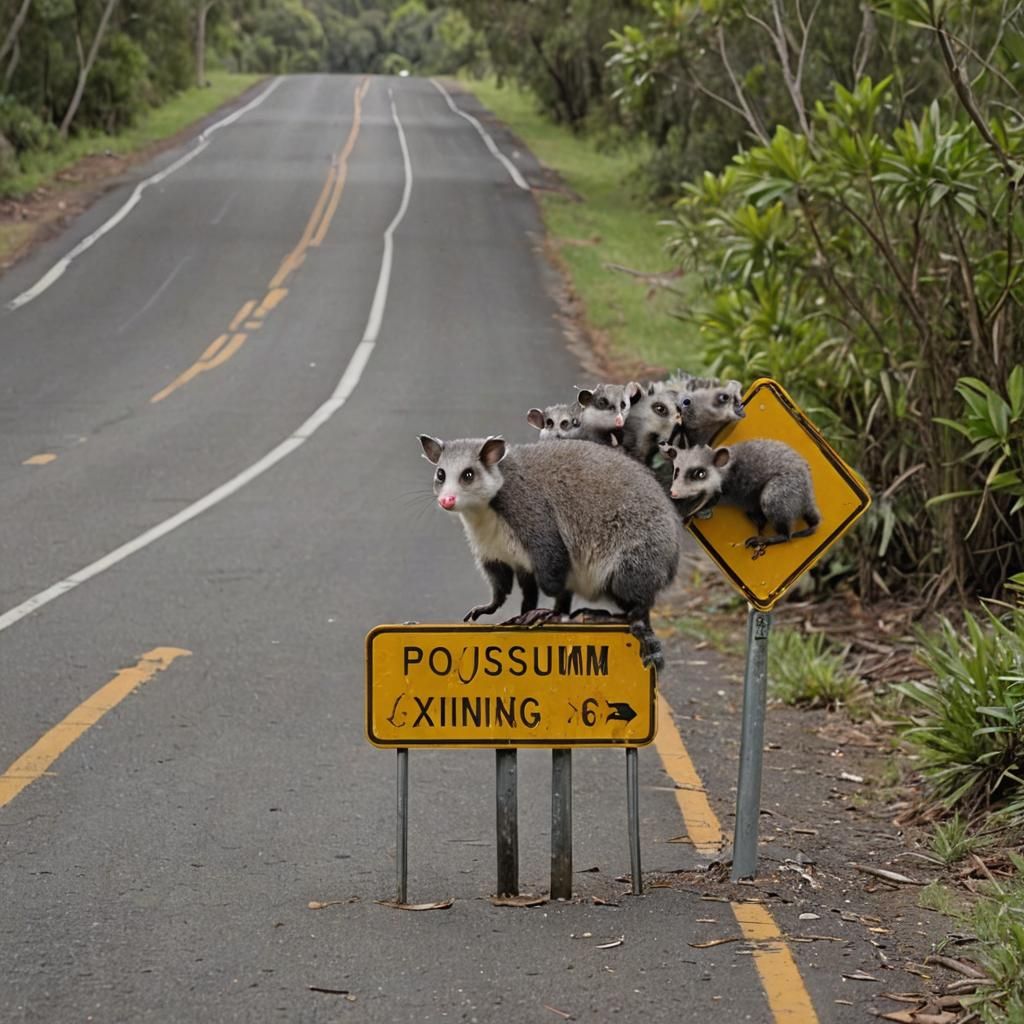Opossum Family Crossing Road Sign