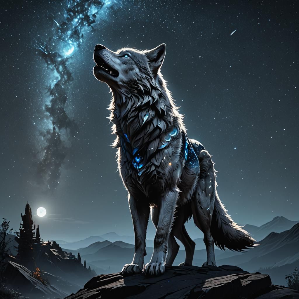 Silver Wolf Howling at Starry Night