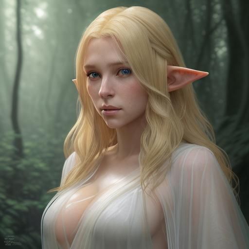 Blonde Elf Wizard in Forest Clearing: Digital Art