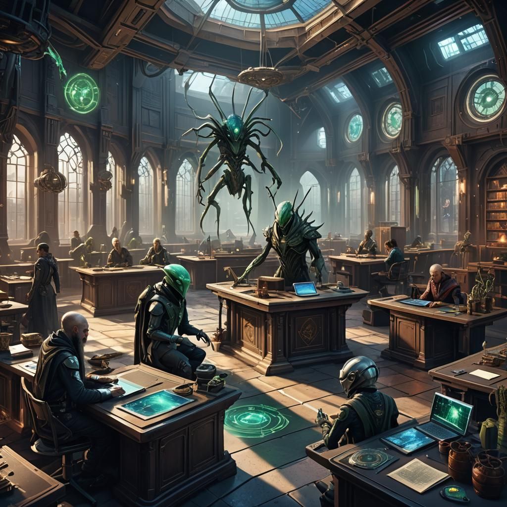 Sci-Fi Wizards Classroom with Alien Students