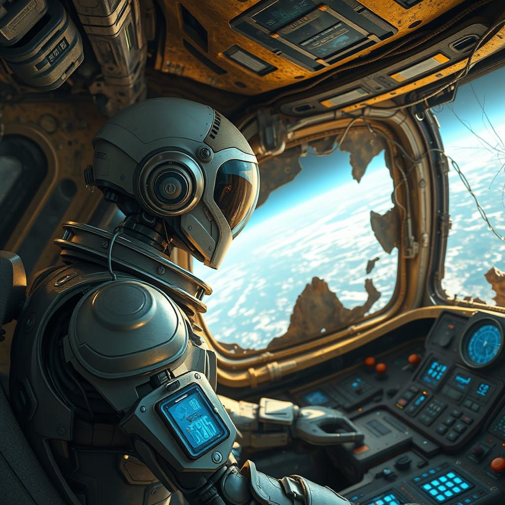 Cyberpunk Robot Gazes Out at a Ravaged Earth