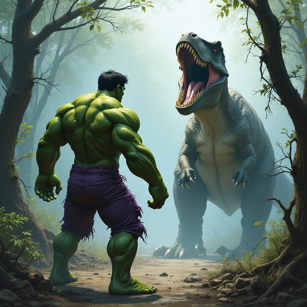 Hulk and T-Rex Confrontation in a Primordial Jungle Landscap...