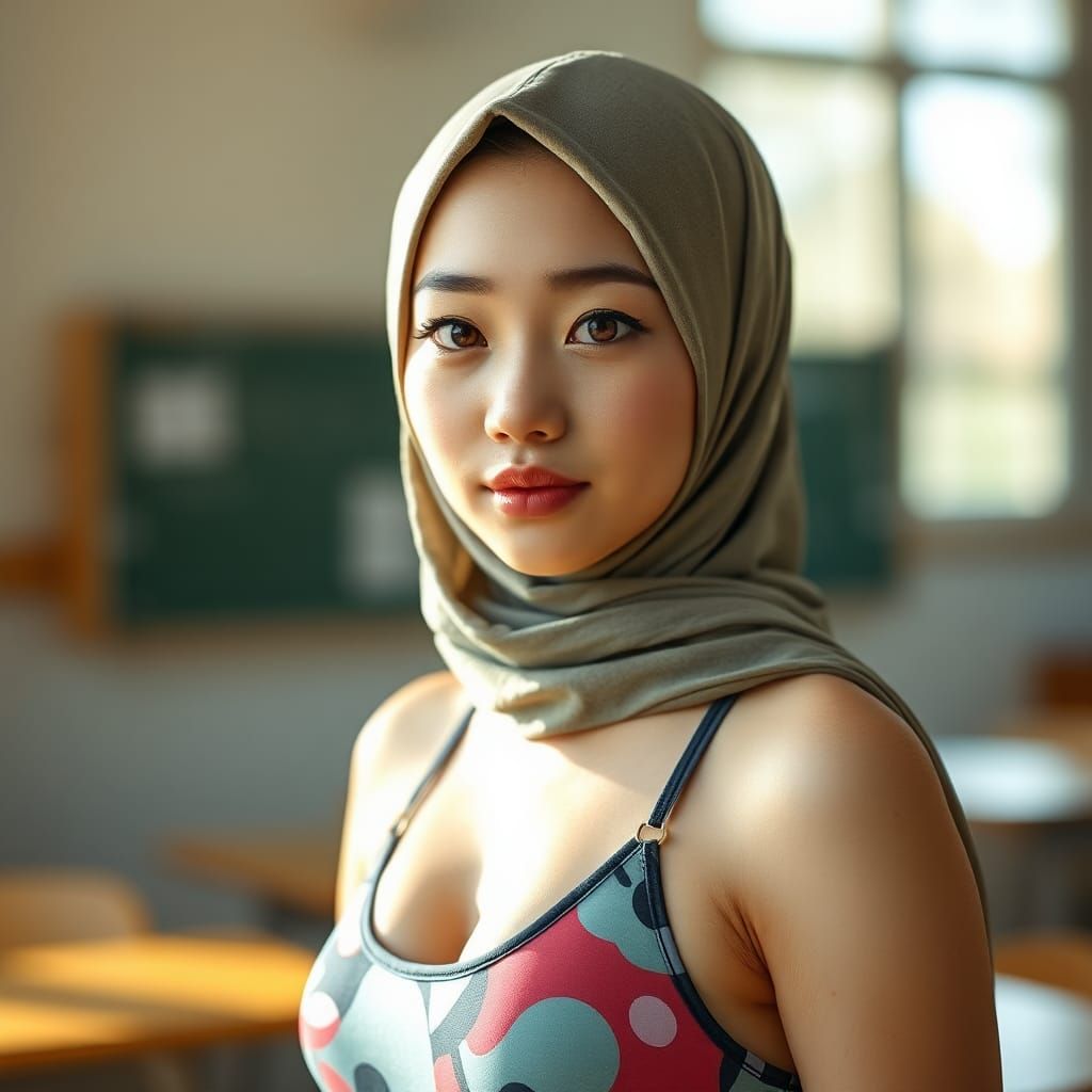 Beautiful Korean Girl in Hijab, Hyperrealistic Portrait