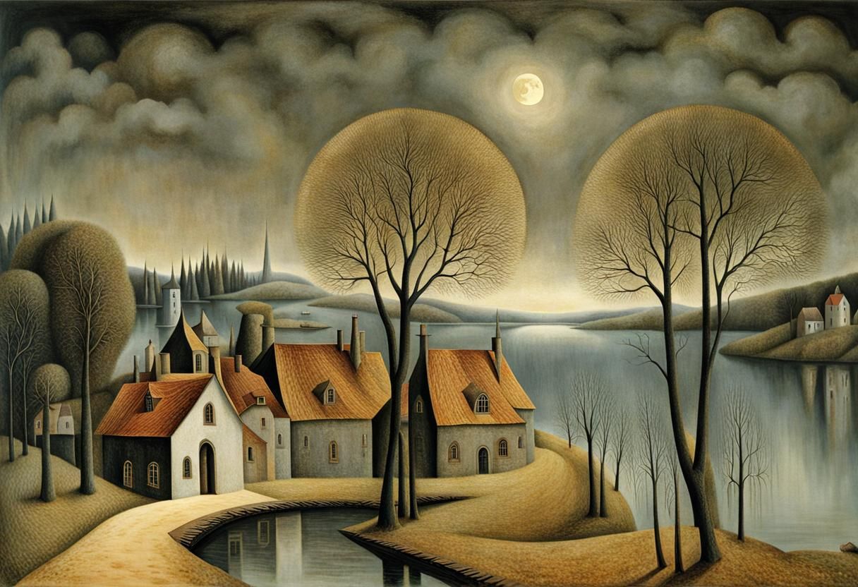 Moon Rising Over Village, Remedios Varo Style