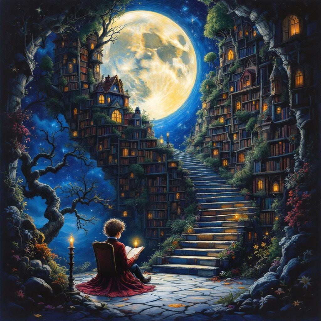 Mystical Moon Library with Reader in Surreal Style