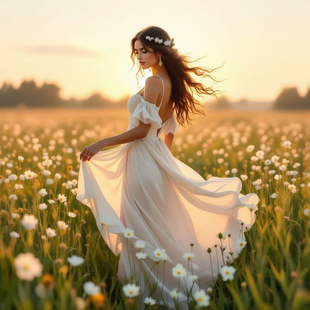 Woman in Wildflower Field at Dawn, in Art Nouveau Style